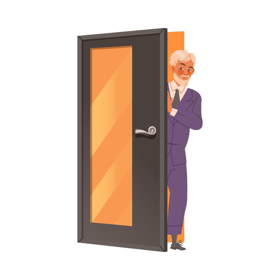 Elderly businessman standing at open door illustration on white background vector