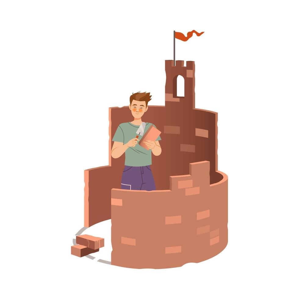 Lonely man building her own brick castle. Social isolation, unsocial lonely person cartoon illustration vector