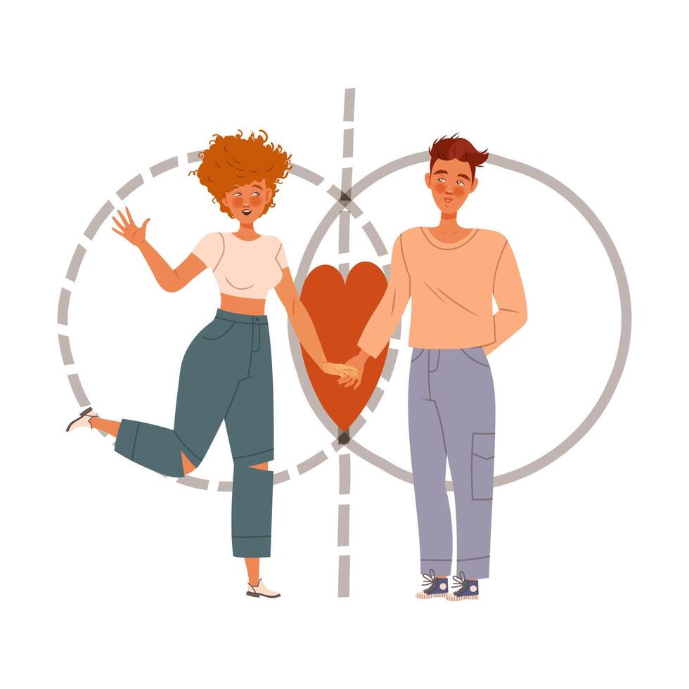 Couple in love uniting their personal boundaries cartoon illustration vector