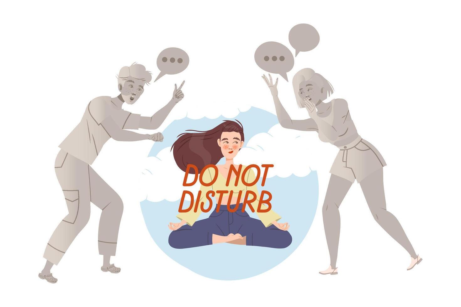 Girl in meditation pose sitting inside transparent glass bubble and people reaching for her. Avoiding of conflict, social isolation, personal space cartoon illustration vector