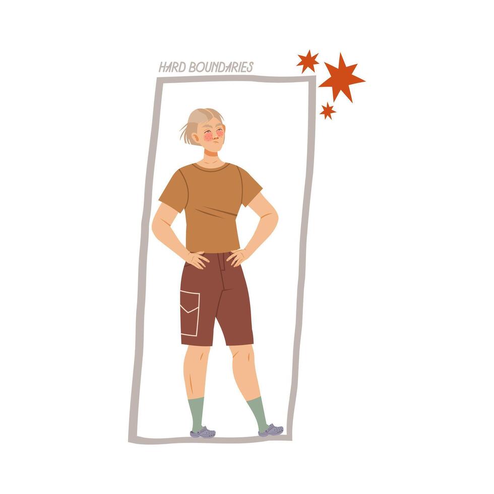 Hard boundaries. Boy standing inside drawn rectangular shape boundaries. Personal space cartoon illustration vector