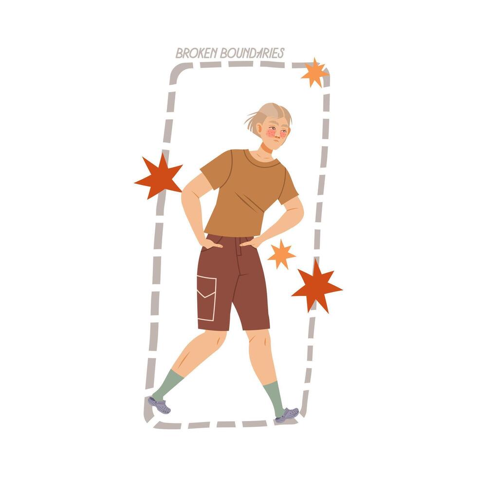 Broken boundaries. Boy standing inside rectangular shape boundaries drawn with dotted line. Personal space concept cartoon illustration vector