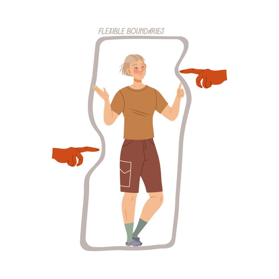 Flexible boundaries. Boy standing inside rectangular shape boundaries. Personal space concept cartoon illustration vector