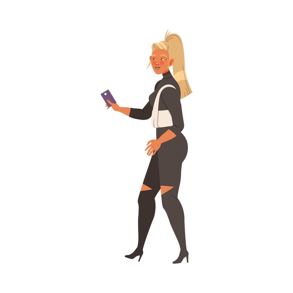 Blond Woman in Casual Wear on High Heels Waiting or Standing in Queue or in Line for Nightclub Illustration vector