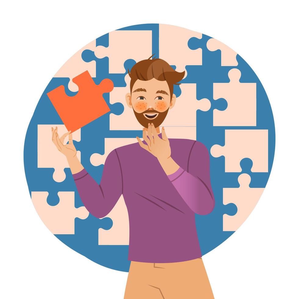 Young man with logical structural type of thinking. Human mental mindset, personality emotions concept cartoon illustration vector