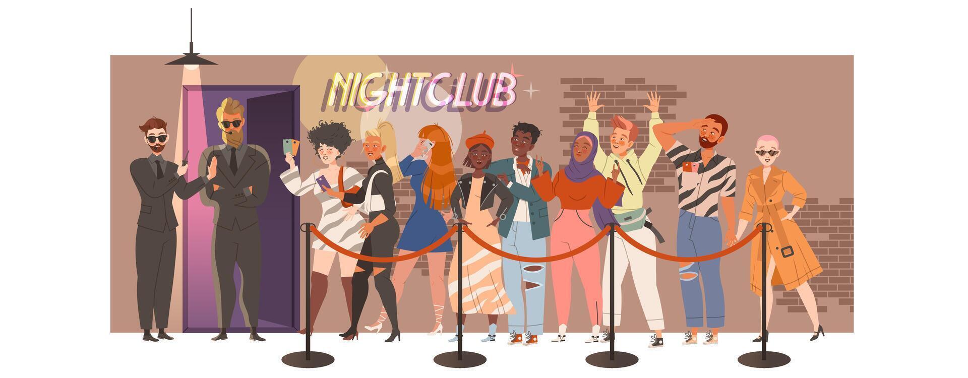 People Character Waiting or Standing in Queue or in Line for Nightclub Illustration vector