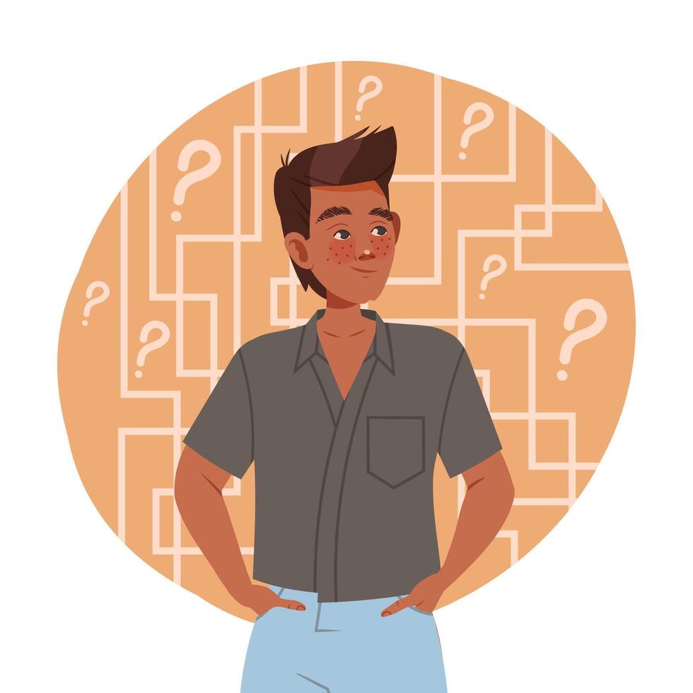 Young man with structural type of thinking. Human mental mindset, personality emotions concept cartoon illustration vector