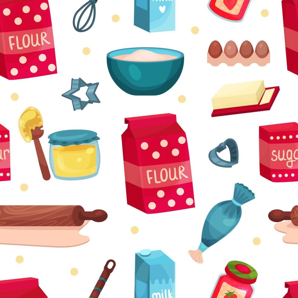 Ingredients for Pie Cooking and Baking with Flour and Sugar Seamless Pattern Template vector