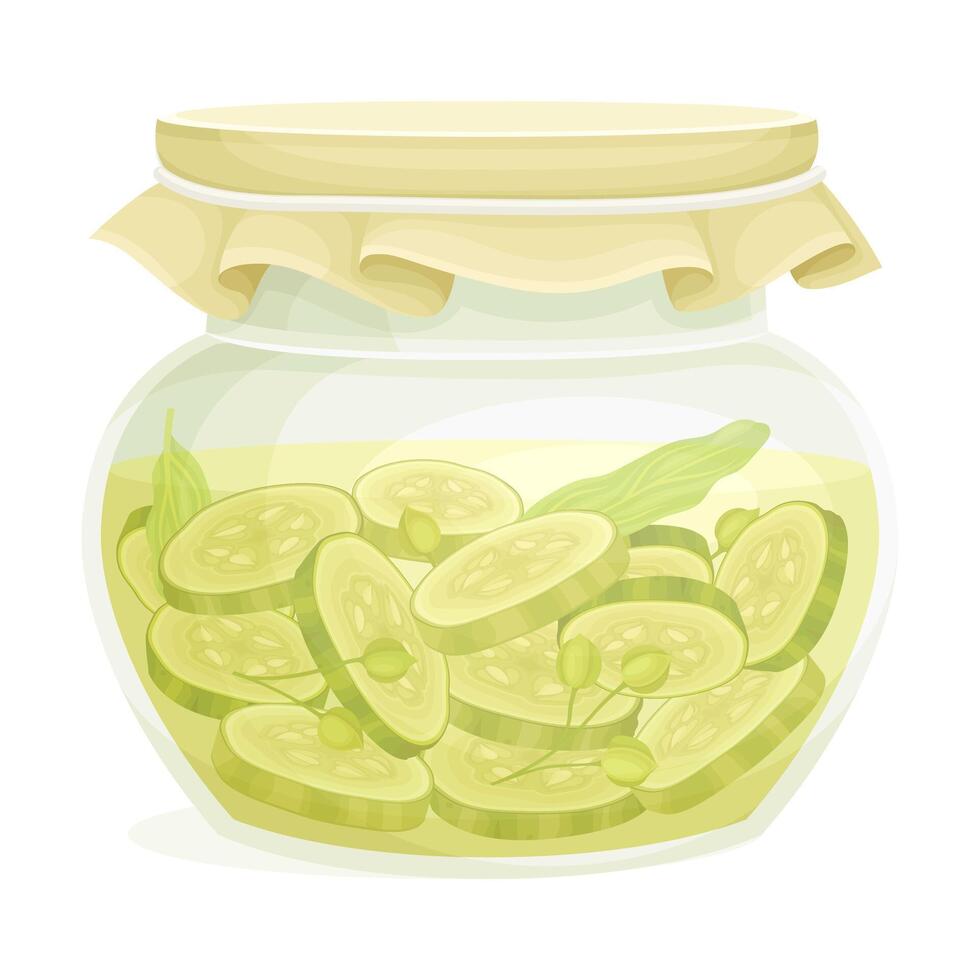 Canned Sliced Pickled Cucumber or Gherkin Preserved with Brine in Glass Jar Illustration vector