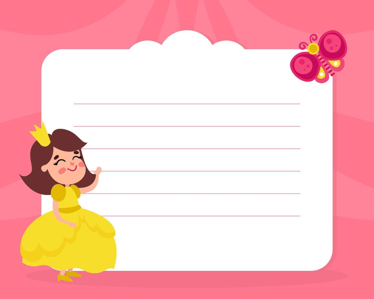 Lined Card with Smiling Girl Princess Wearing Crown and Dressy Look Garment Waving Hand Template vector