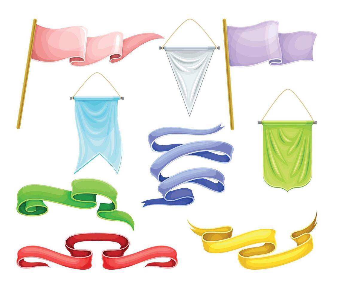 Fabric flags, pennants, ribbons set. Blank advertising banners of different colors illustration vector
