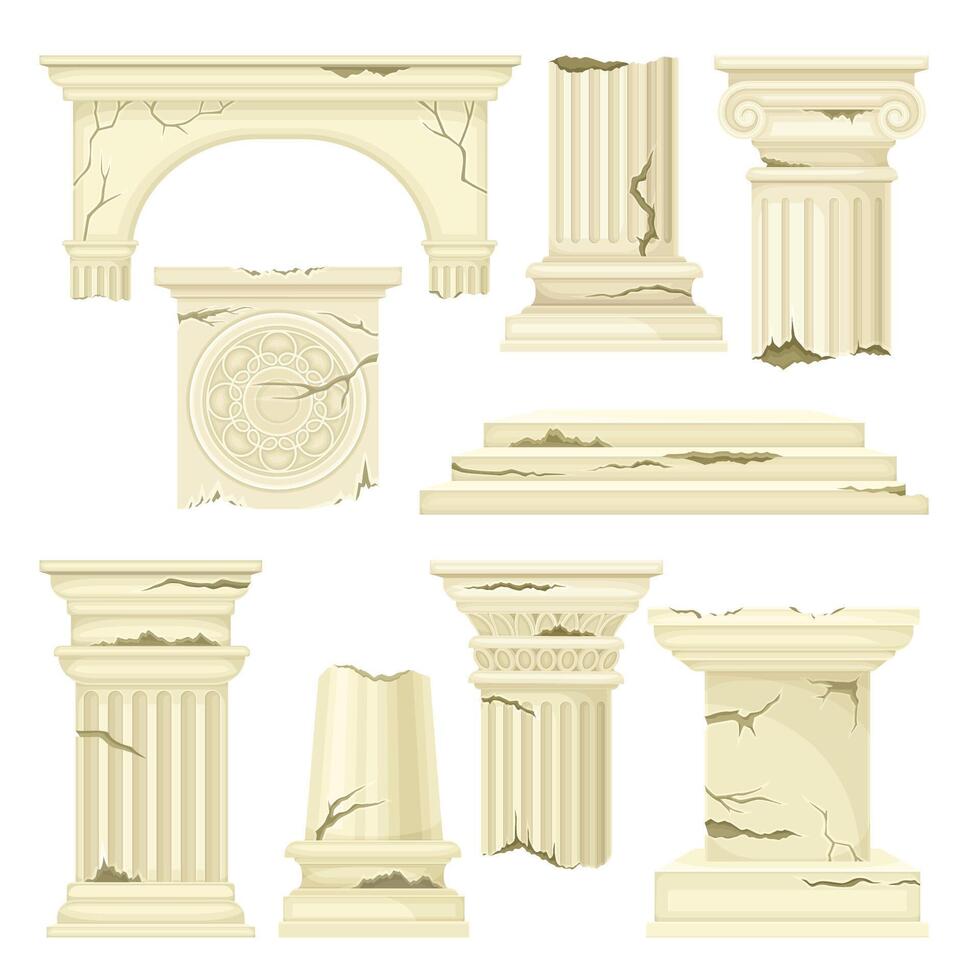 Antique broken marble architectural elements set. Stone ruined columns pillars illustration vector