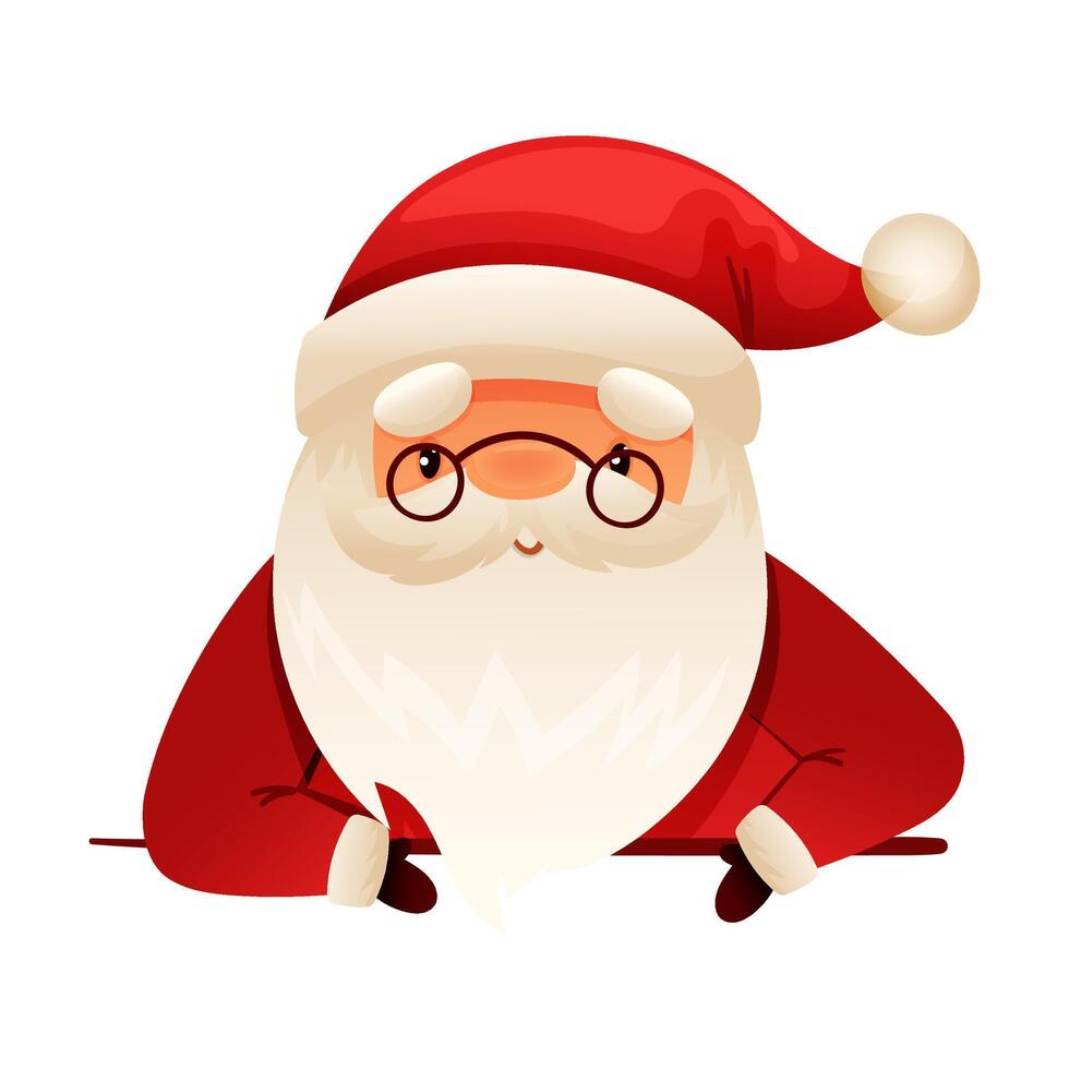Funny happy Santa Claus looking out of chimney. Christmas card, banner, flyer design cartoon illustration vector