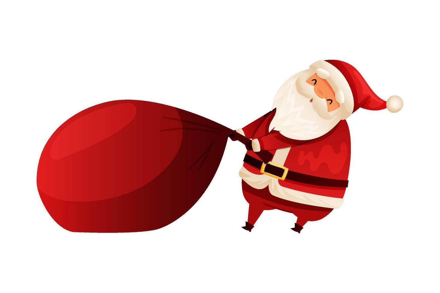 Funny happy Santa Claus pulling bag of gifts. Christmas card, banner, flyer design cartoon illustration vector