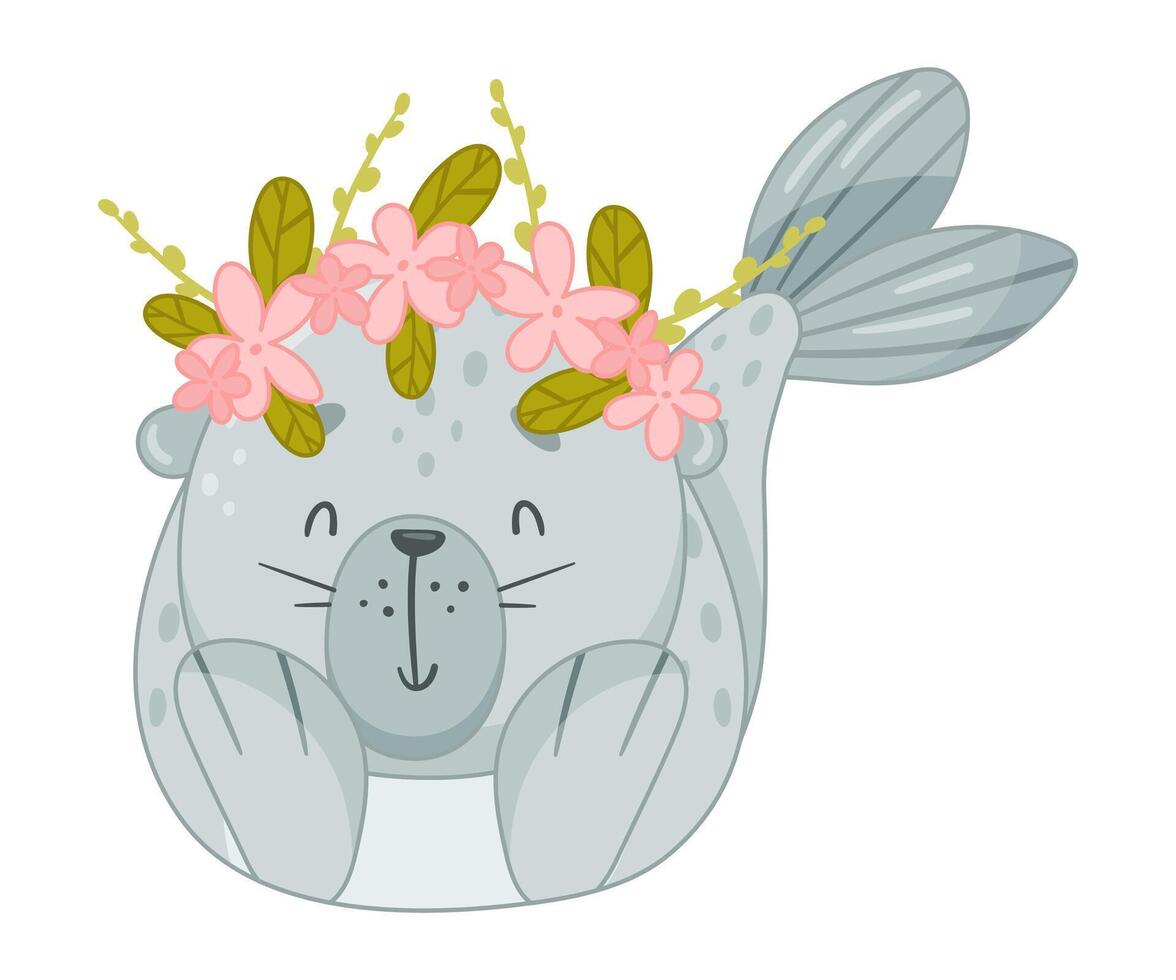Cute baby seal in wreath of flowers. Funny adorable arctic animal character cartoon illustration vector