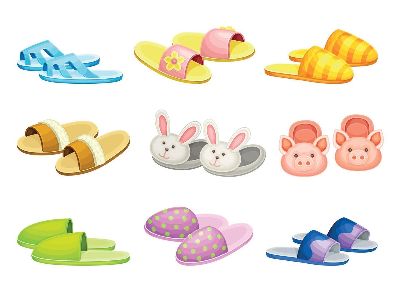 Pairs of comfortable slippers set, Soft textile footwear for home, flip flops shoes cartoon illustration vector