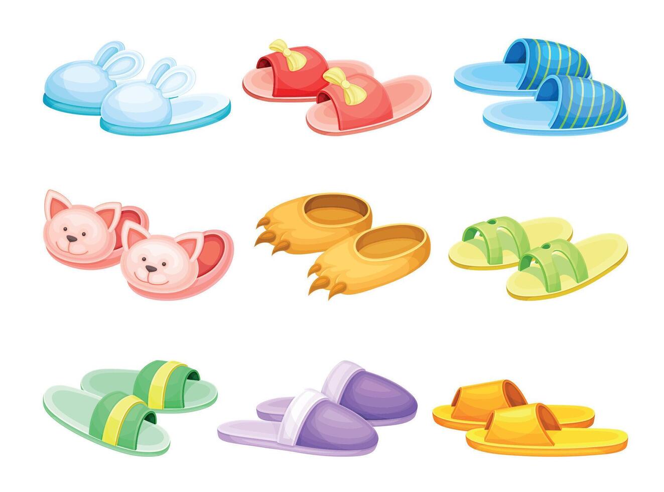 Comfortable slippers set, Soft textile footwear, flip flops shoes cartoon illustration vector