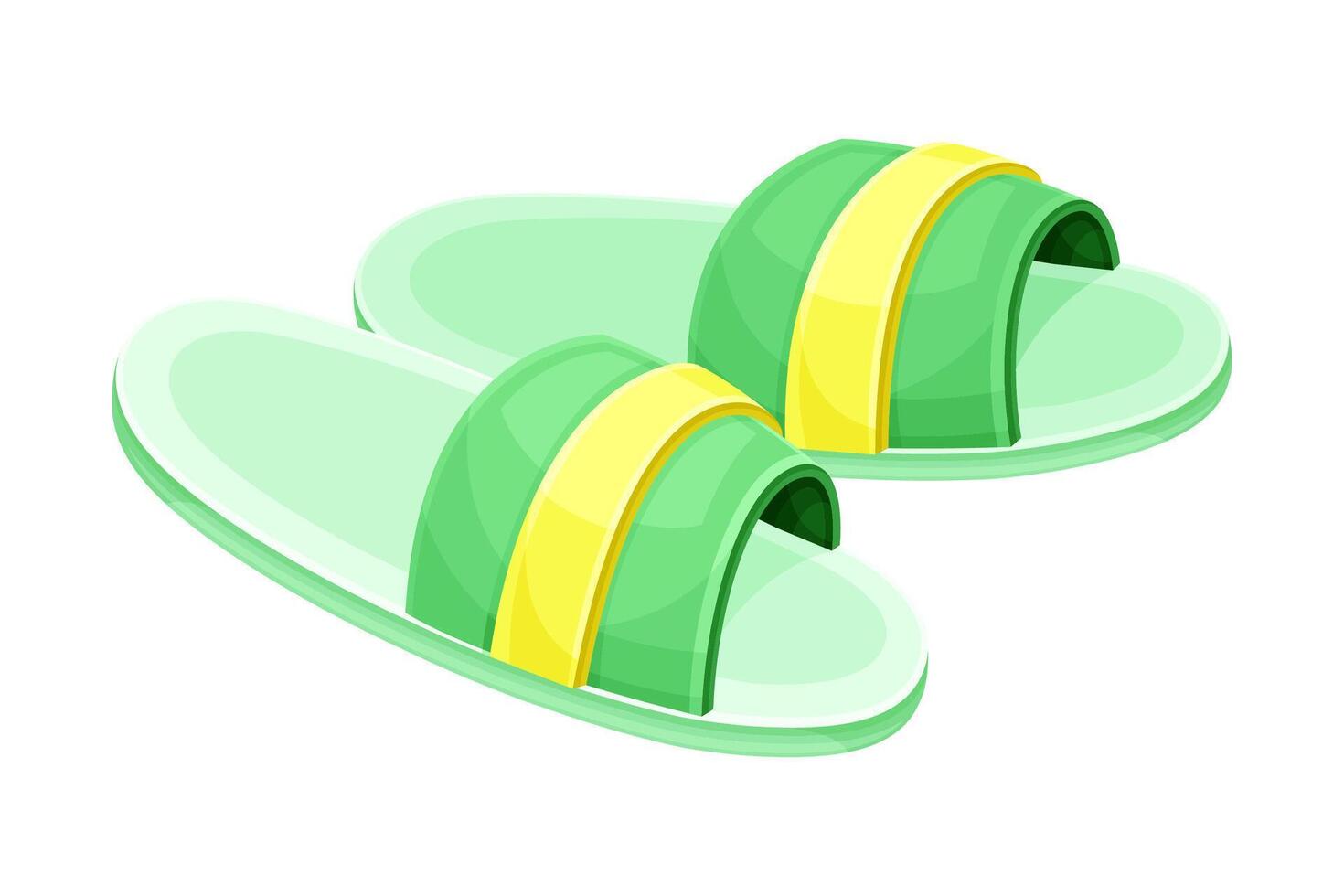 Pair of green slippers, soft comfortable textile footwear for home, flip flops shoes cartoon illustration vector