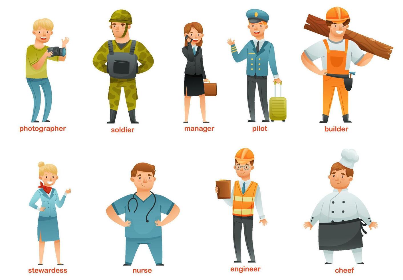 People of various professions set. Soldier, stewardess, businesswoman, captain, photographer, pilot, carpenter, engineer, chef characters cartoon illustration vector
