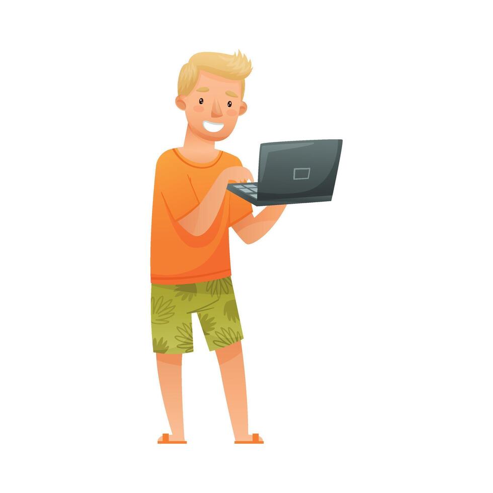 Young man with laptop computer. Distant work and freelance concept cartoon illustration vector