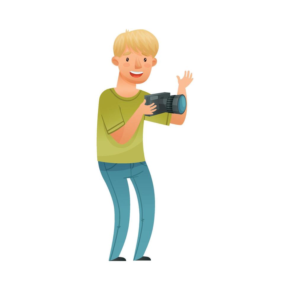 Man photographer character taking photo using camera cartoon illustration vector
