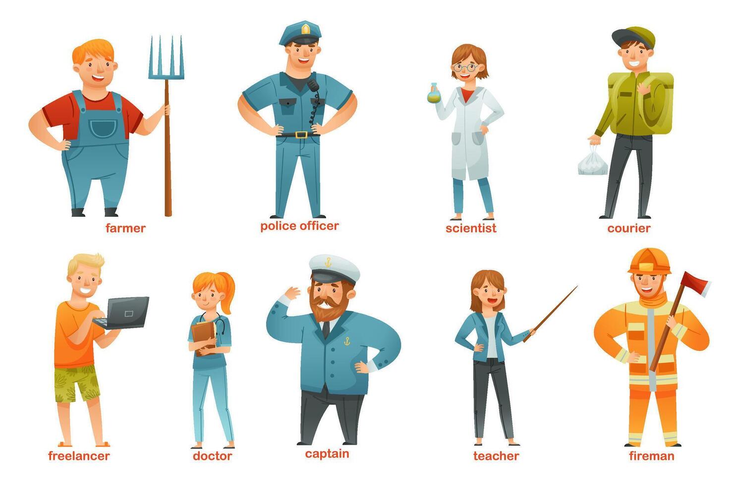 People of various professions set. Doctor, teacher, scientist, courier, freelancer, captain, firefighter, farmer characters cartoon illustration vector