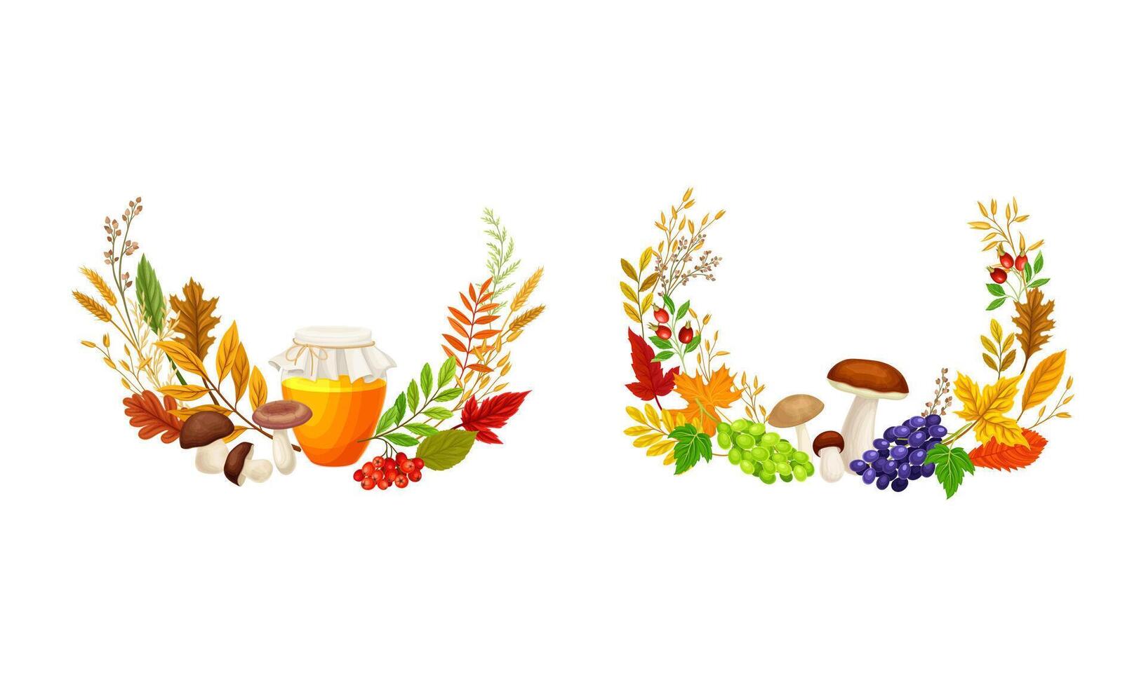 Autumn borders with autumn leaves, jar of honey, mushrooms and berries set. Thanksgiving Day decor elements illustration vector