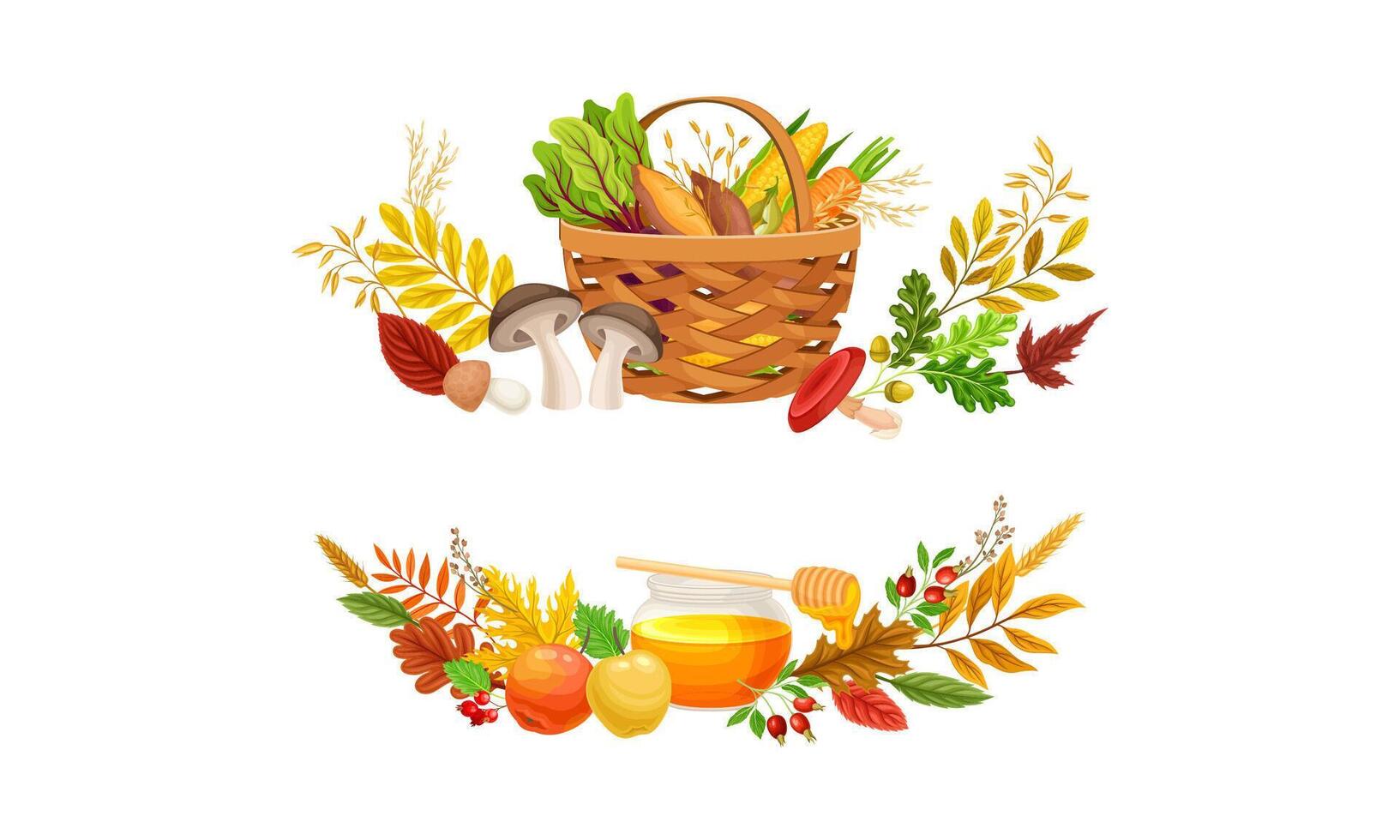 Set of autumn wreath with colorful leaves, basket of vegetables and jar of honey set. Thanksgiving Day decor elements illustration vector