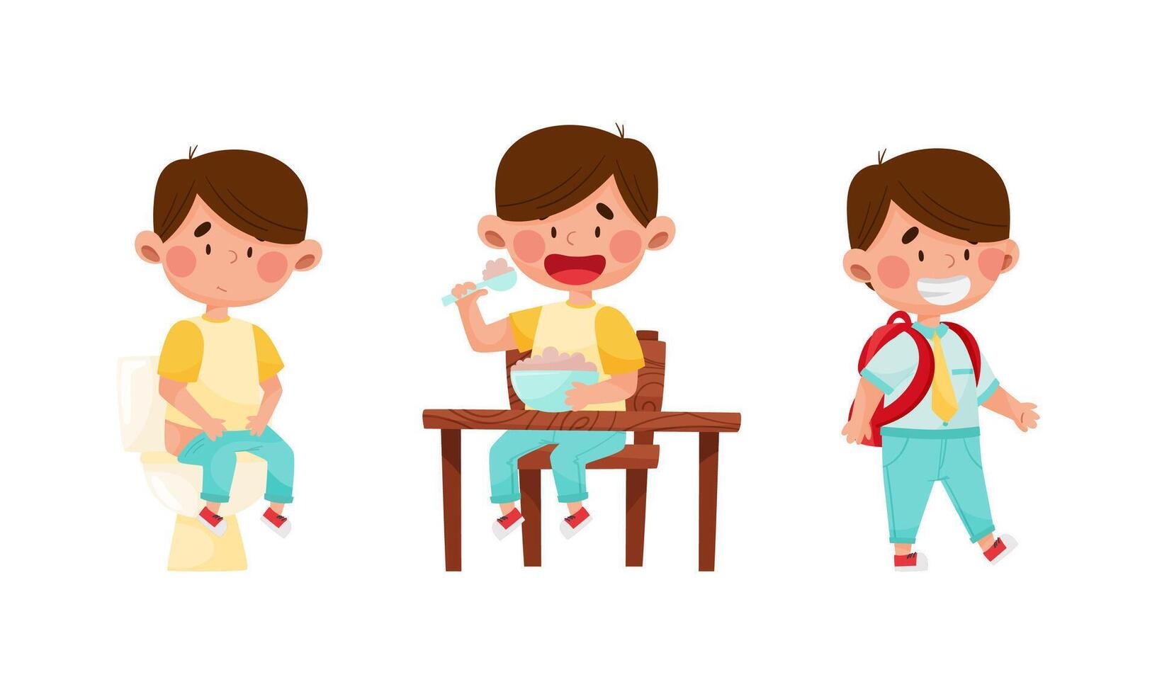 Little kid daily routine. Cute boy sitting on toilet bowl, having breakfast and walking at school cartoon illustration vector