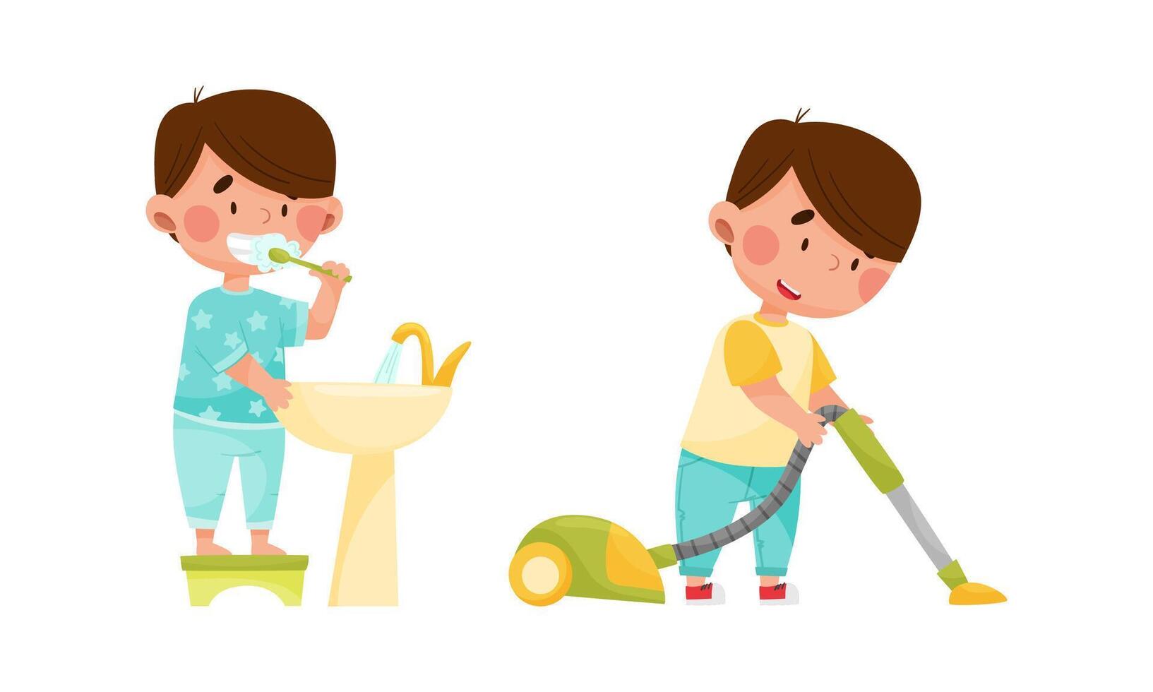 Little kid daily routine. Cute boy brushing his teeth and vacuuming floor cartoon illustration vector