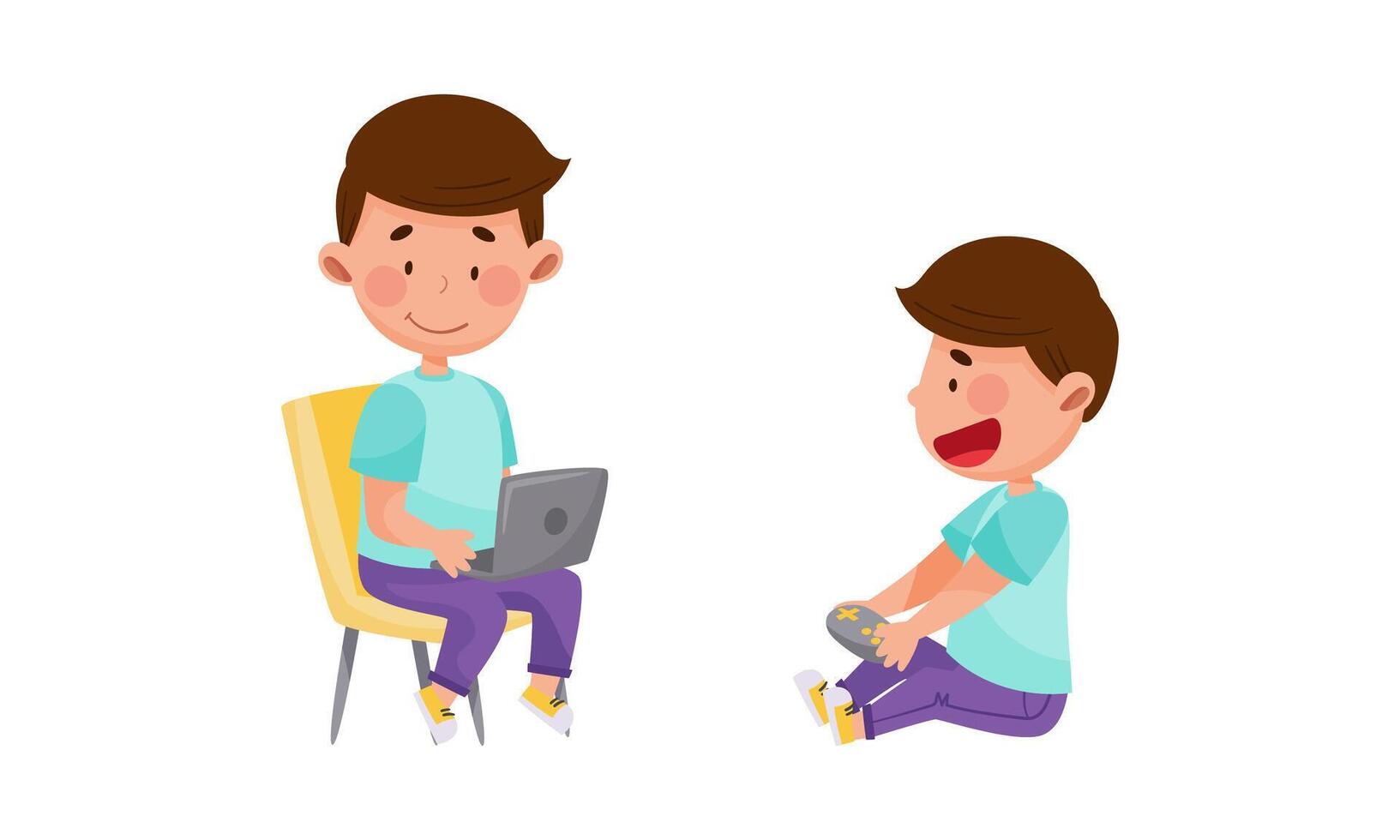 Kid daily activities set. Cute boy playing computer games cartoon illustration vector
