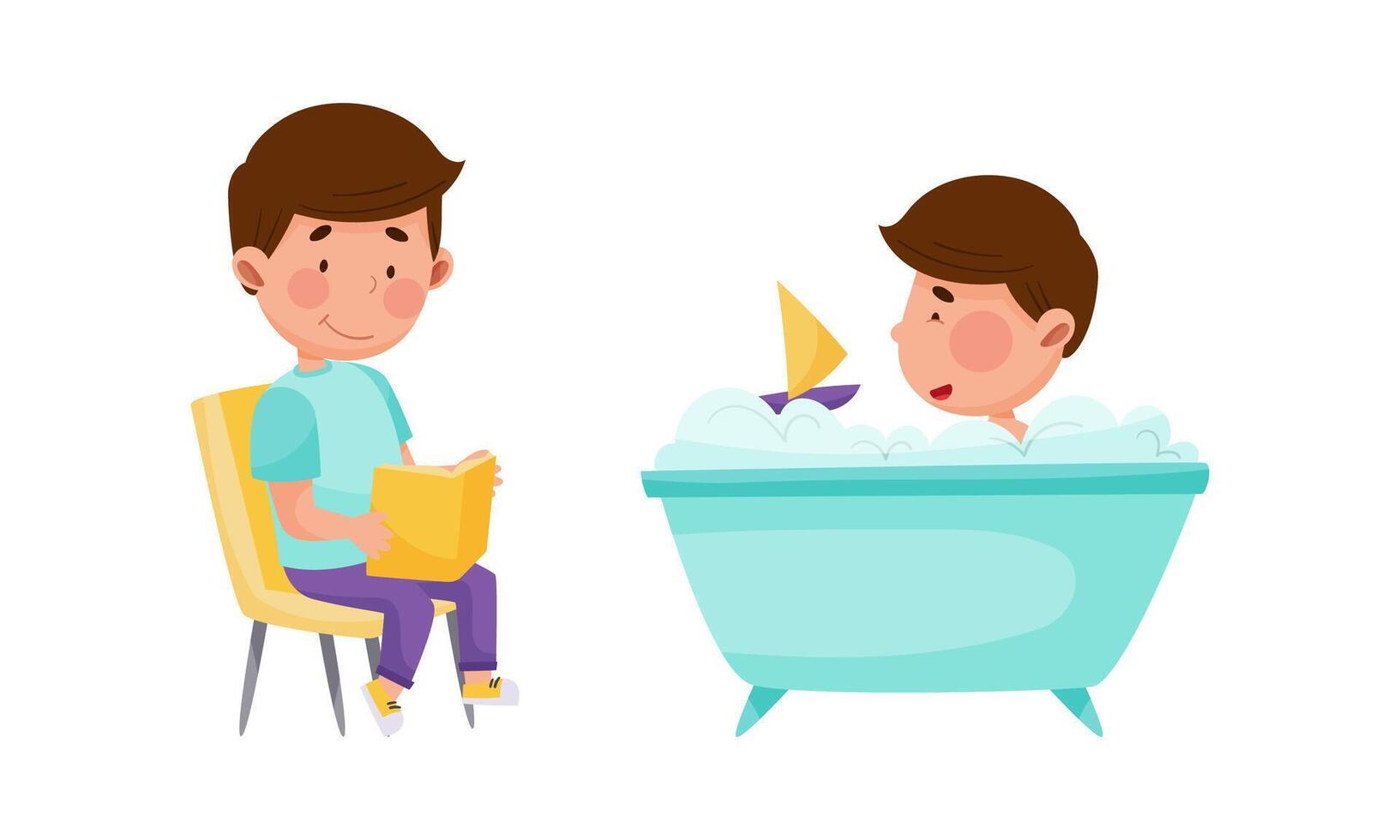Kid daily activities set. Cute boy reading book and taking bath cartoon illustration vector
