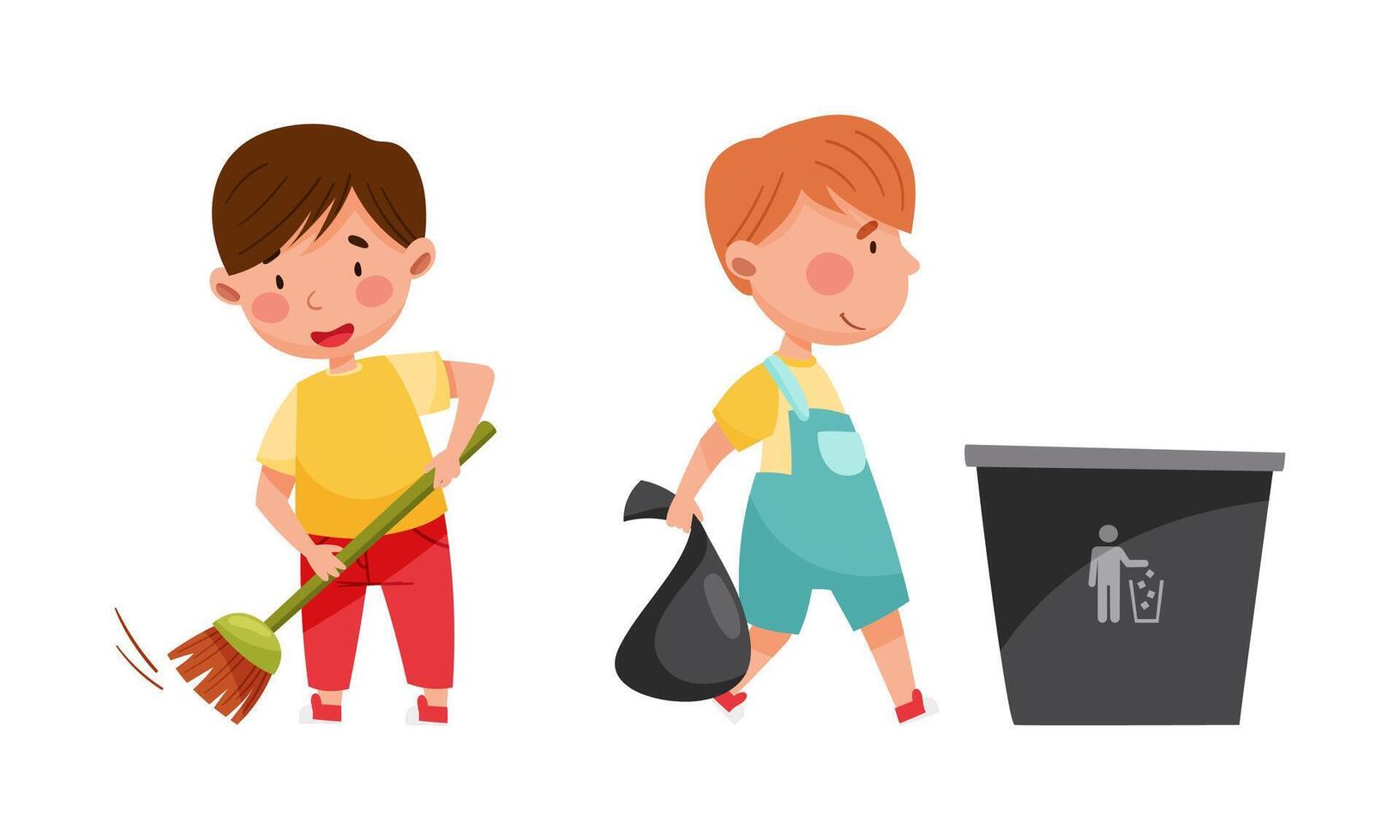 Cute boys sweeping floor and throwing garbage into trash can. Kids helping parents with housework, household chores cartoon illustration vector