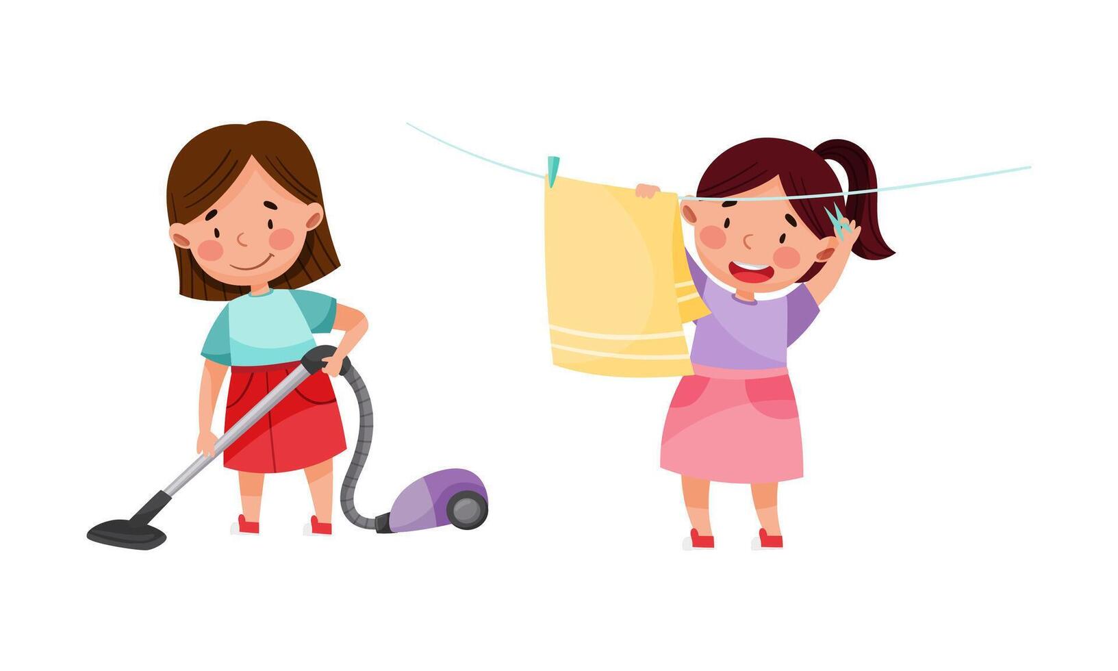 Girl hanging clothes out to dry and vacuuming floor. Kids helping parents with housework, household chores cartoon illustration vector