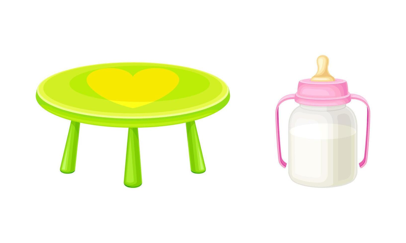 Newborn baby care accessories set. Green plastic table and milk bottle cartoon illustration vector