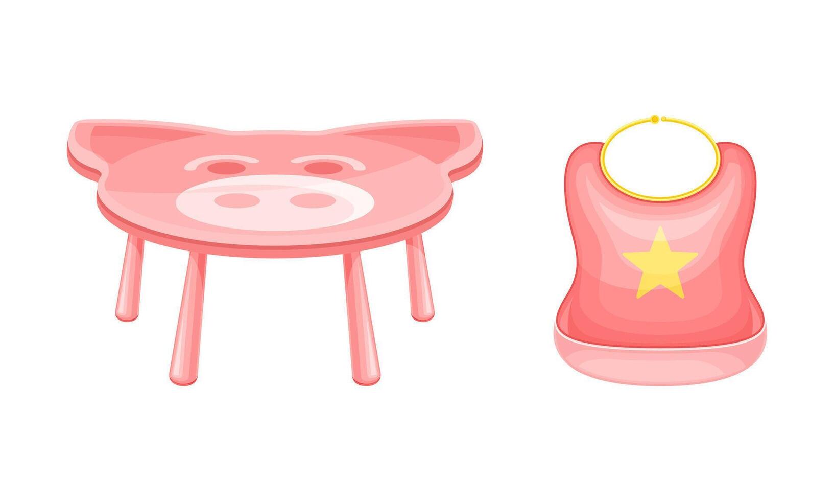 Newborn baby care accessories set. Small pink table and baby bib cartoon illustration vector