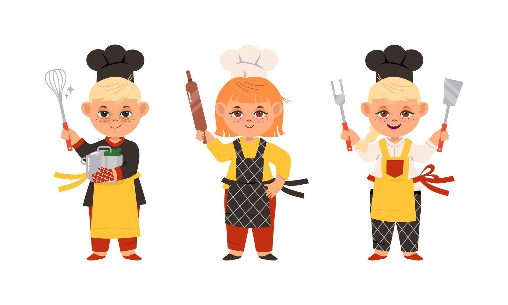 Children cook chefs in uniform with kitchen tools set cartoon illustration vector