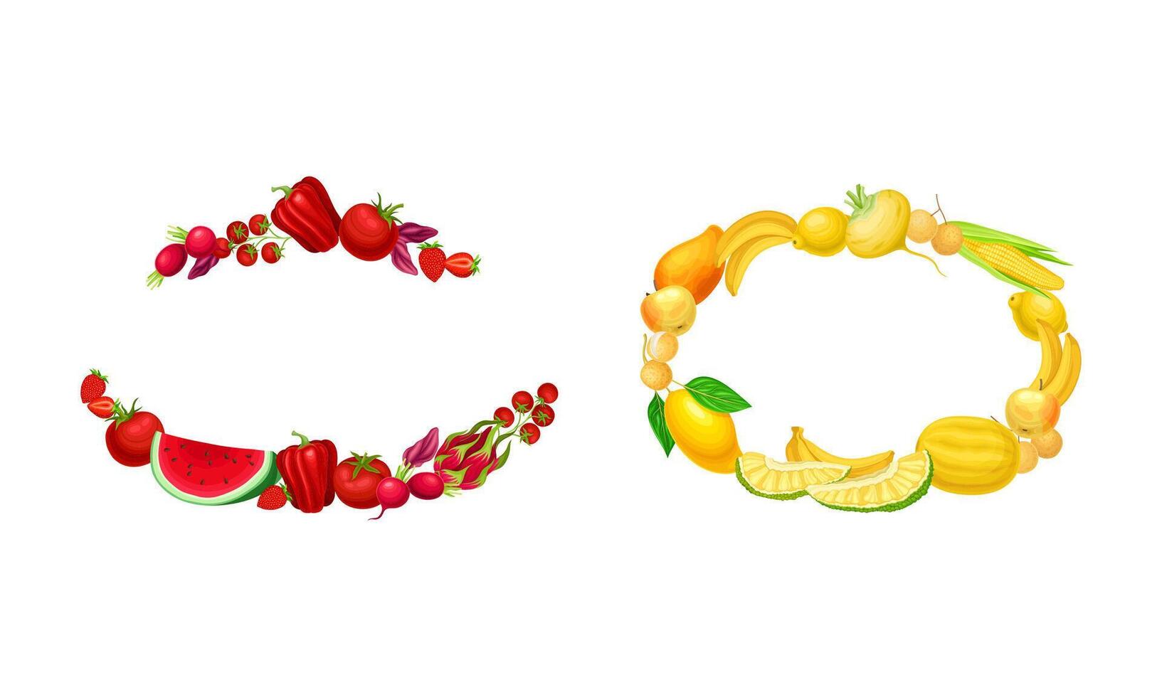 Borders of red and yellow fruit and vegetables with space for text illustration vector