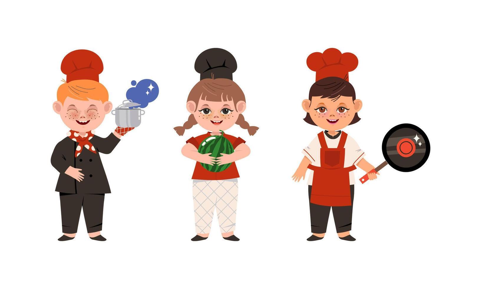 Happy smiling children chefs in uniform set cartoon illustration vector