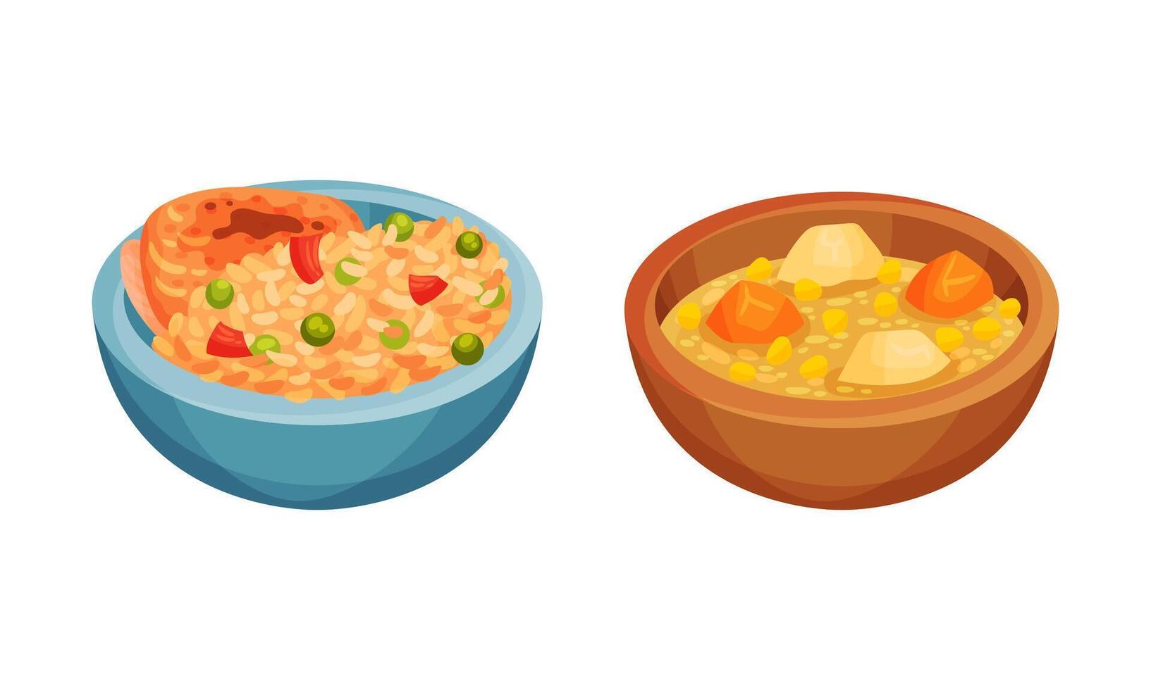 Traditional nutritious tasty dishes served on plates set. Rice with meat and soup illustration vector