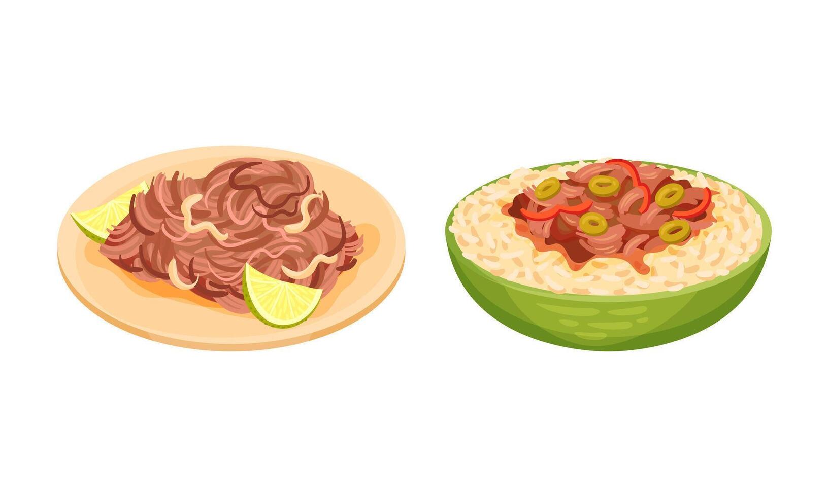 Traditional nutritious tasty dishes served on plates set. Stewed meat and rice illustration vector