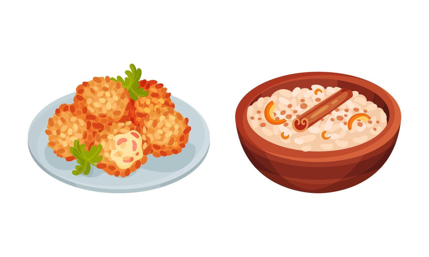 Traditional nutritious tasty rice dishes served on plates set illustration vector
