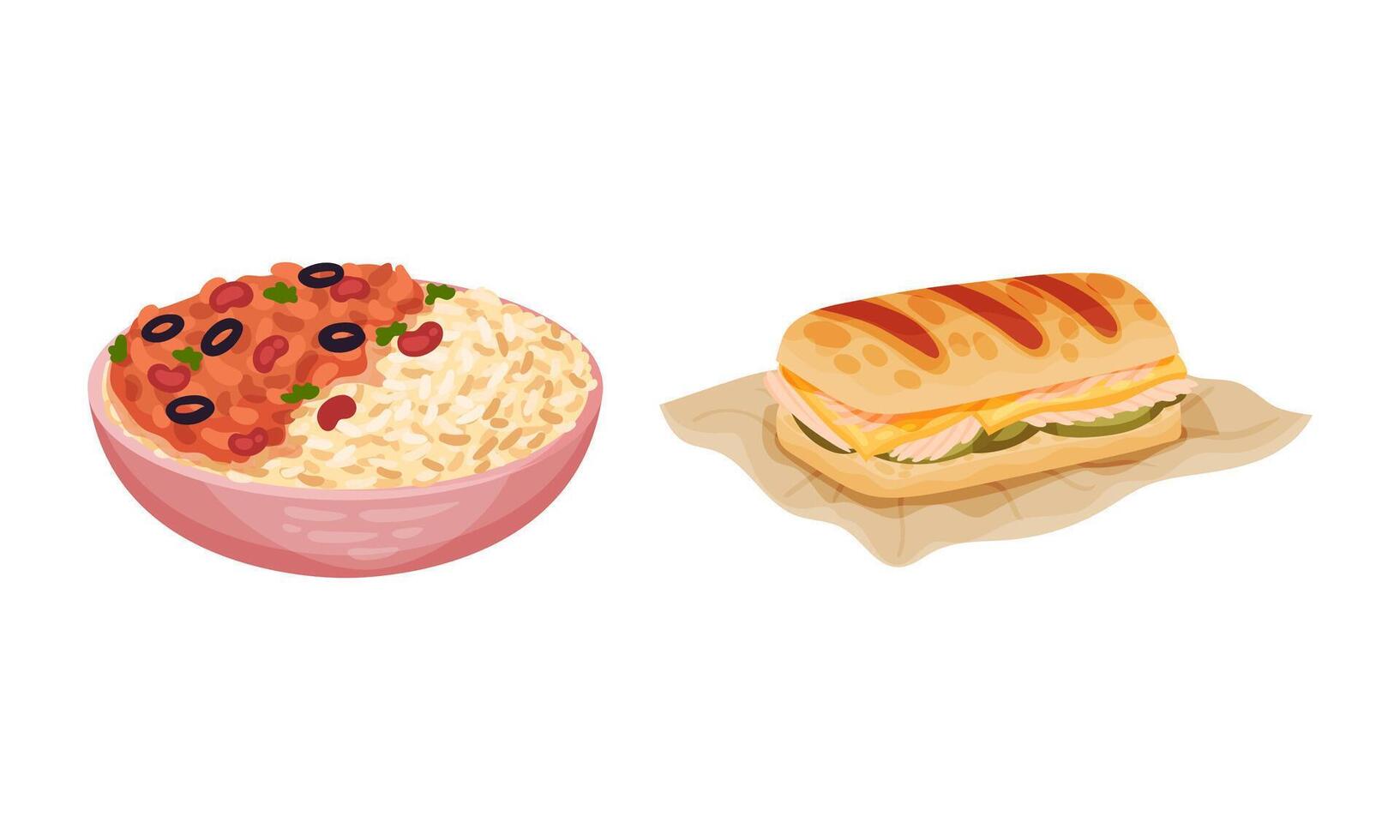 Traditional nutritious tasty dishes served on plates set. Rice with stewed vegetables and sandwich illustration vector