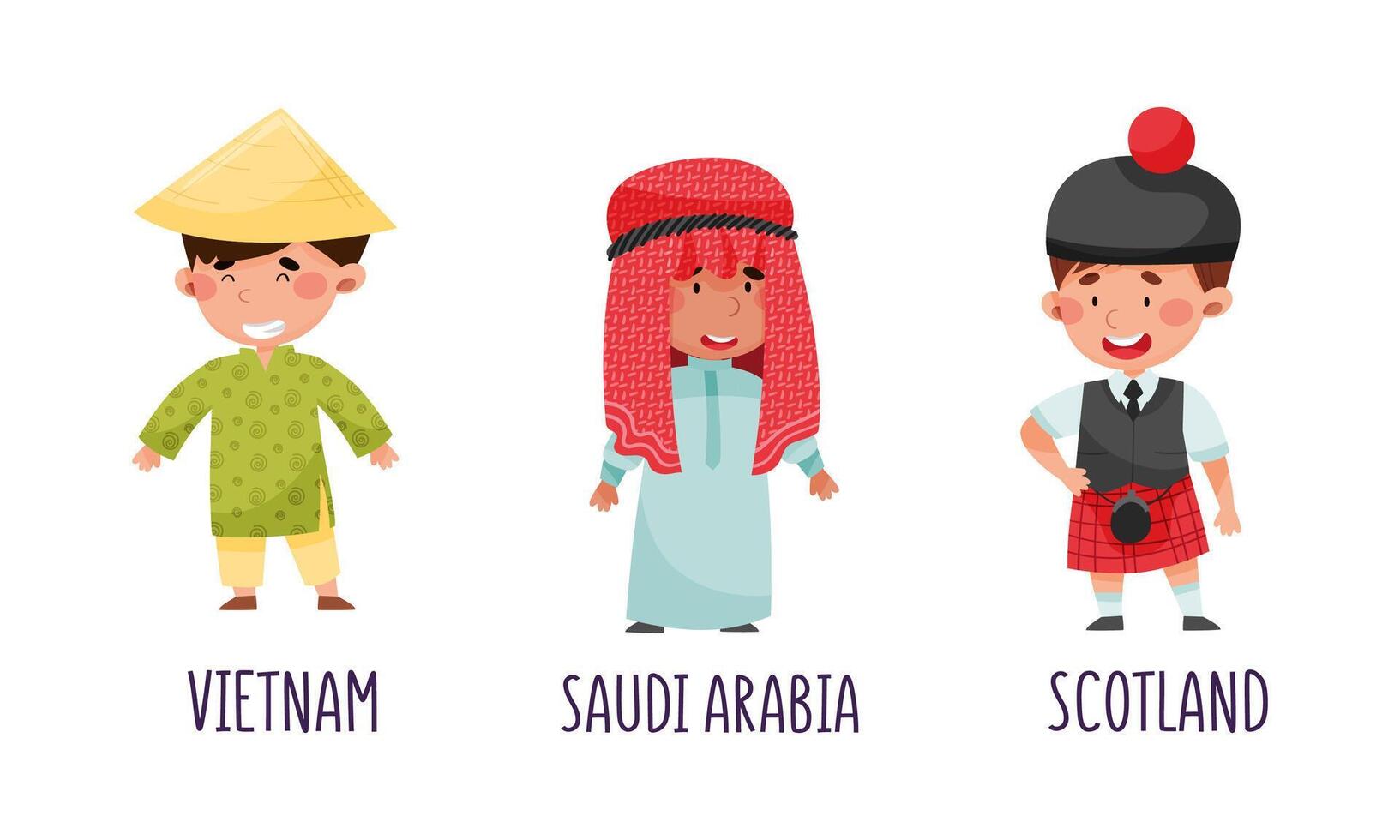 Cute kids in national costumes of different countries set. Children in traditional clothing of Vietnam, Saudi Arabia, Scotland cartoon illustration vector