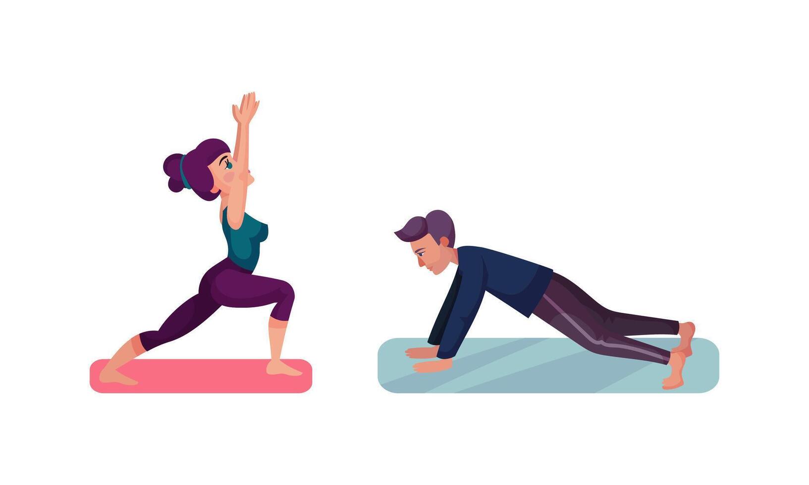 People daily routine set. Man and woman doing yoga cartoon illustration vector