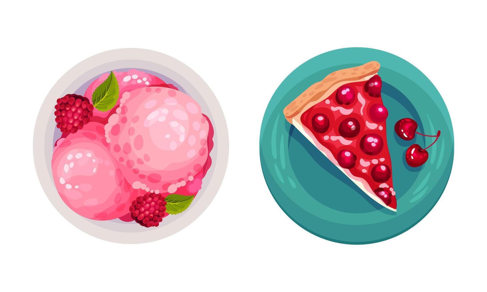 Sweet tasty desserts set. Ice cream and piece of fruit pie confectionery sweets illustration vector