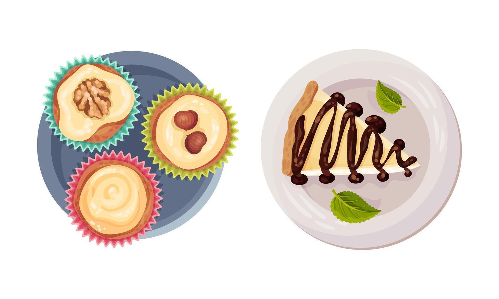 Sweet tasty desserts set. Cupcakes and piece of cheesecake, confectionery sweets illustration vector