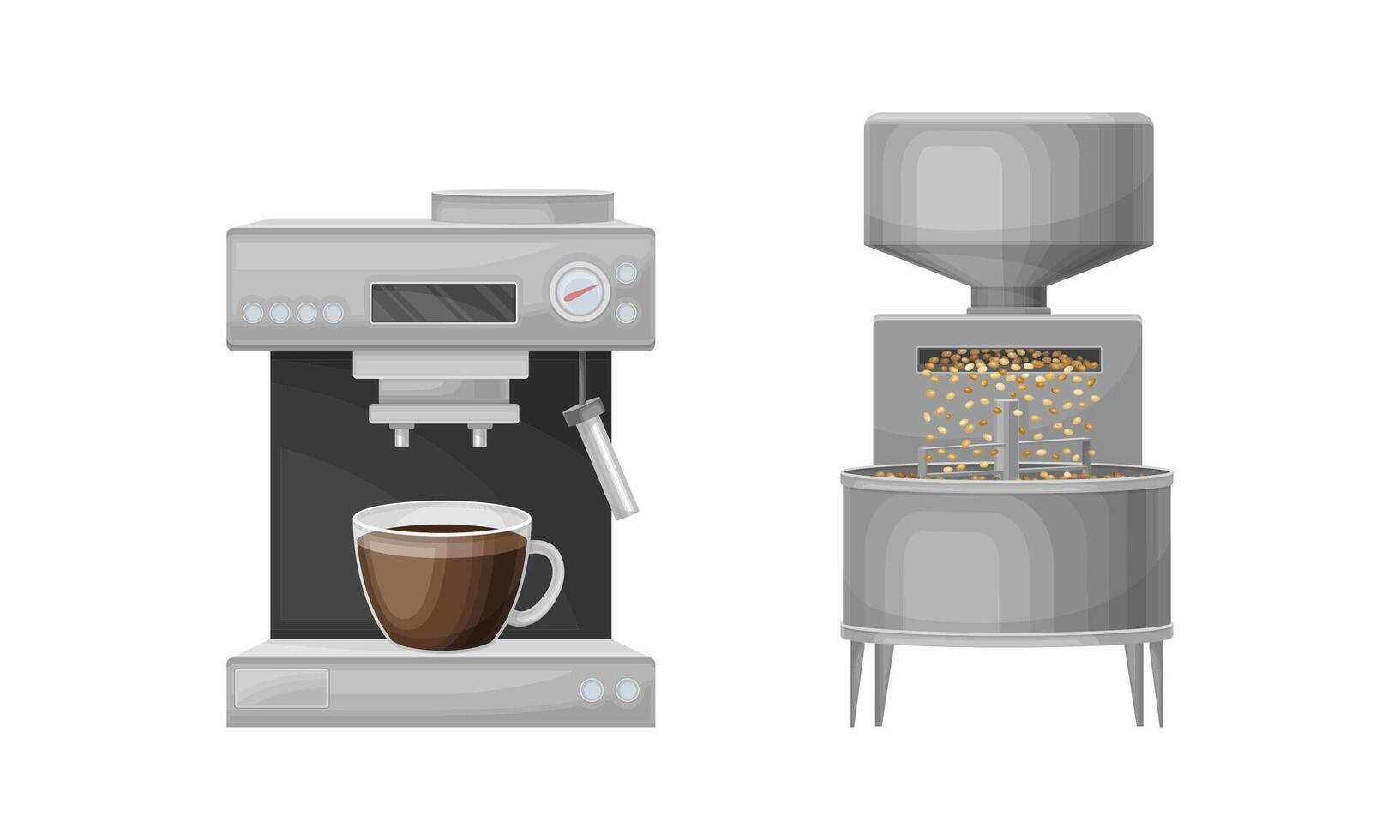 Coffee industry production. Drying of harvested beans and coffee machine illustration vector
