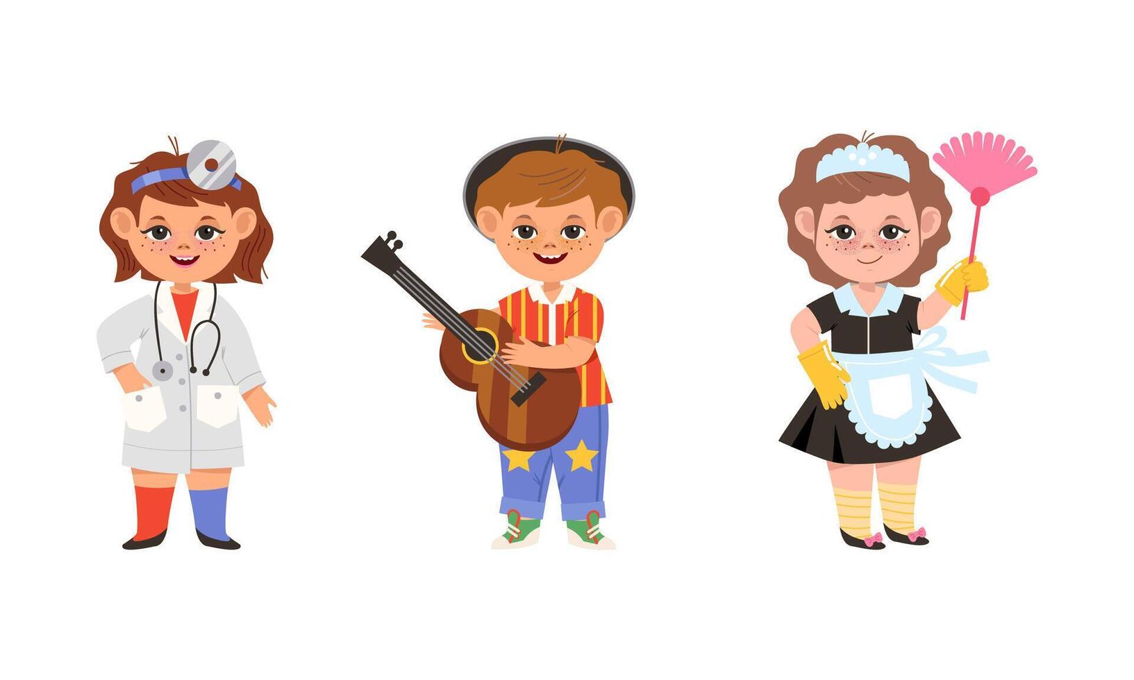 Kids of various professions set. Otolaryngologist doctor, musician and maid cartoon illustration vector