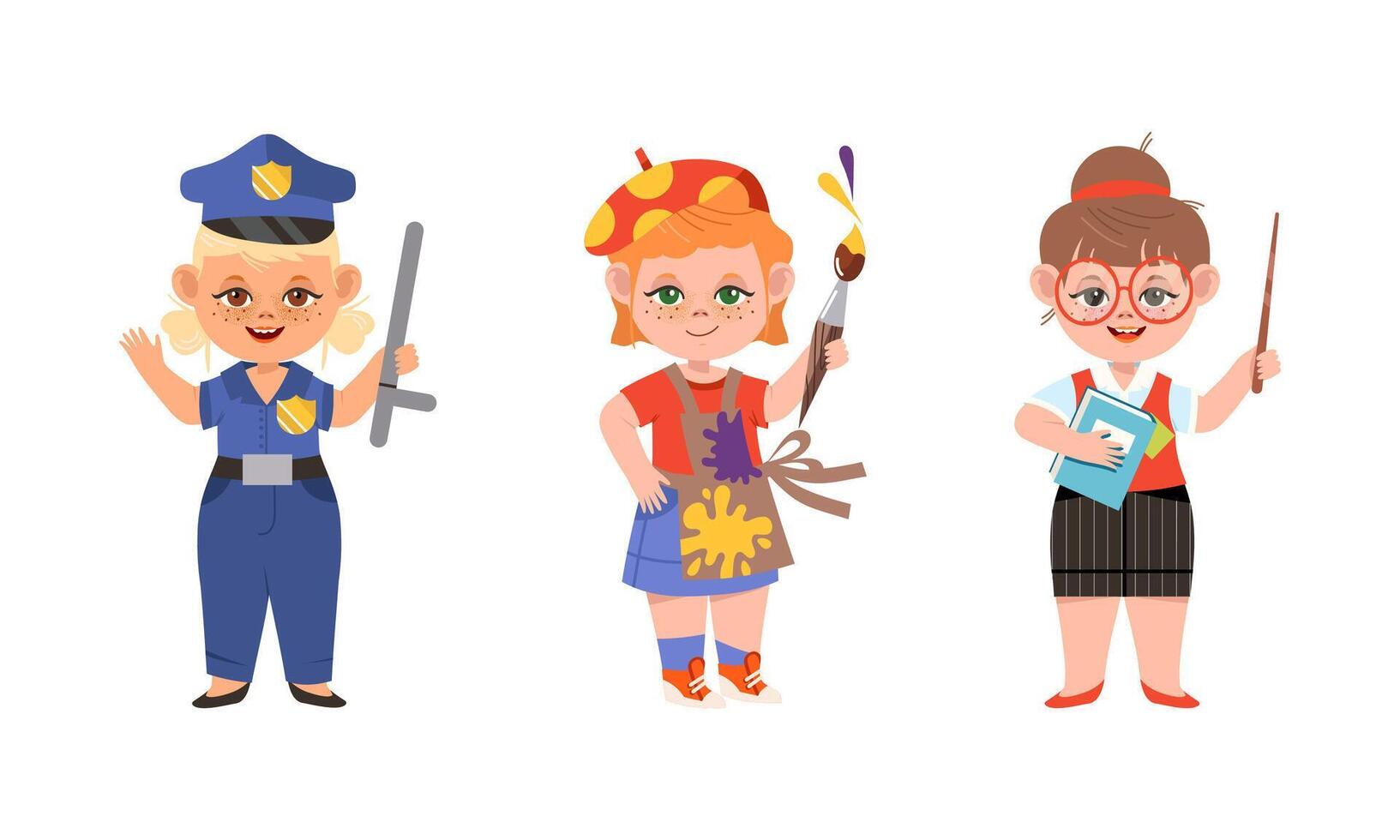 Kids of various professions set. Policeman, teacher, painter cartoon illustration vector